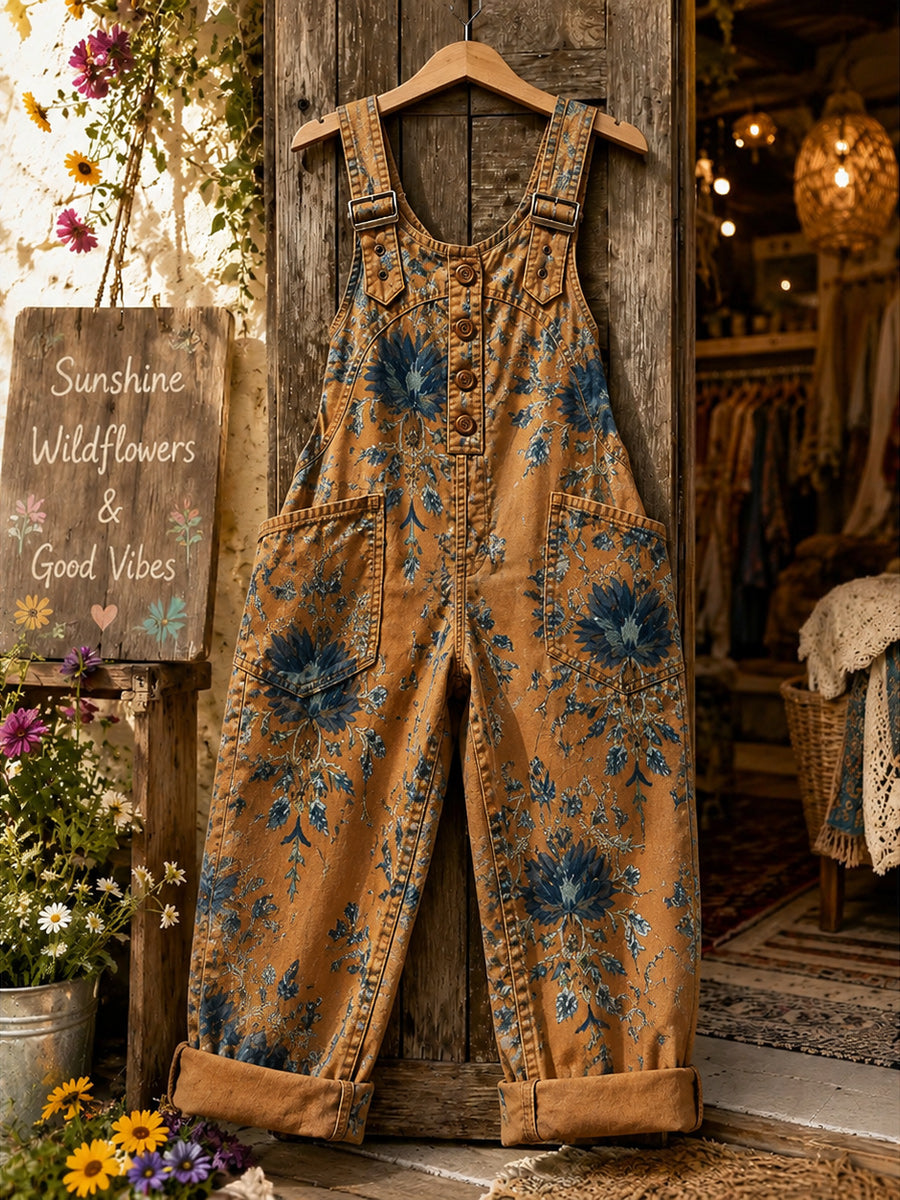 Women's Retro Style Art Print Washed Cotton Denim Patchwork Jumpsuit